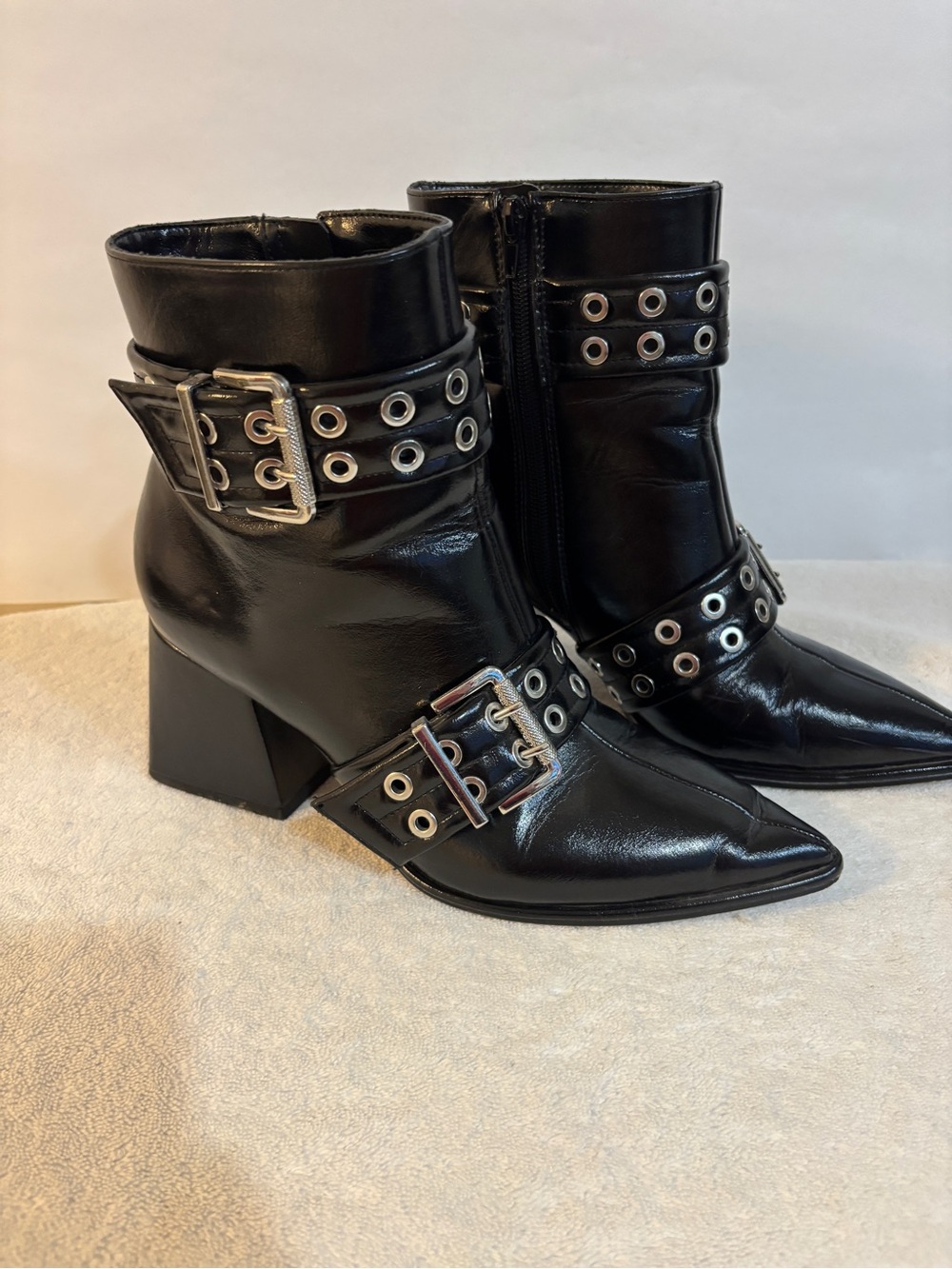 Black with Silver Buckles Ankle Boots